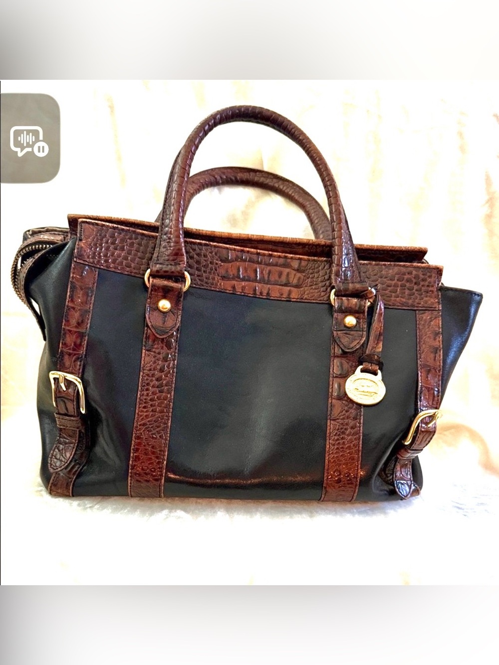Brahmin Elegant Black and Brown Leather Bag. Exterior excellent. Ink stain photo